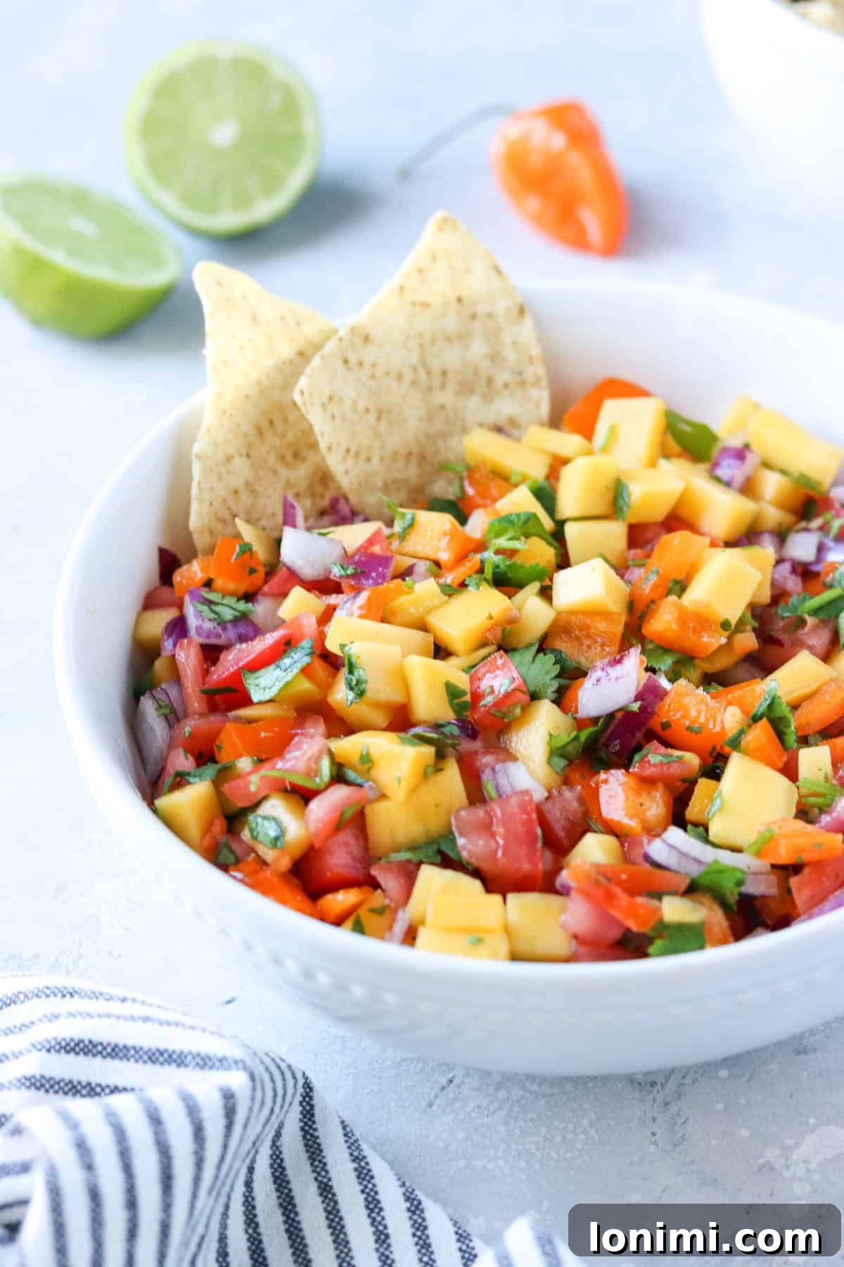 Irresistible Mango Habanero Salsa 5 A close-up shot of chunky mango habanero salsa in a pristine white bowl, with two crisp tortilla chips artfully positioned for dipping, highlighting the vibrant colors and textures of the fresh ingredients.