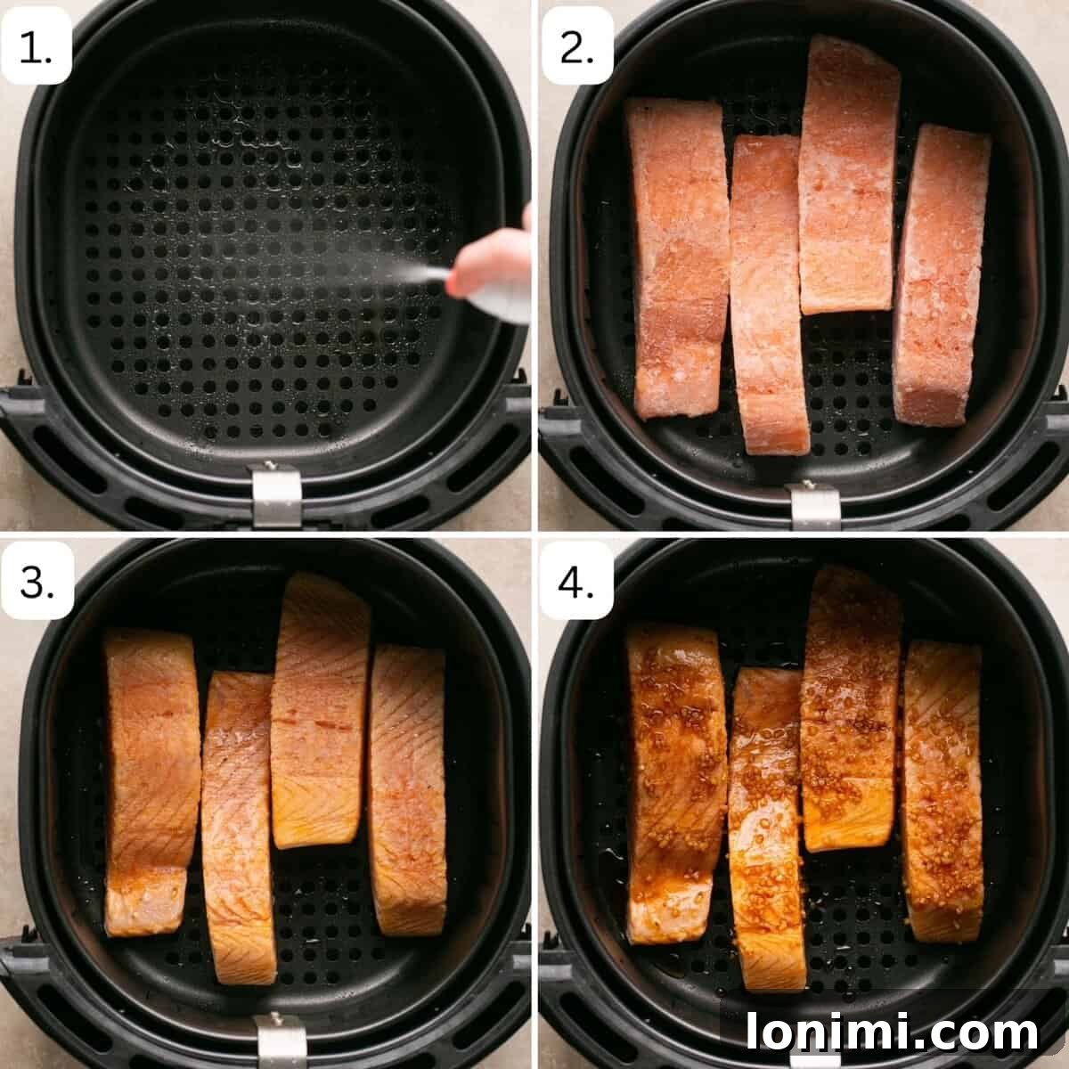 step by step photos showing to make salmon in the air fryer in 4 steps. 