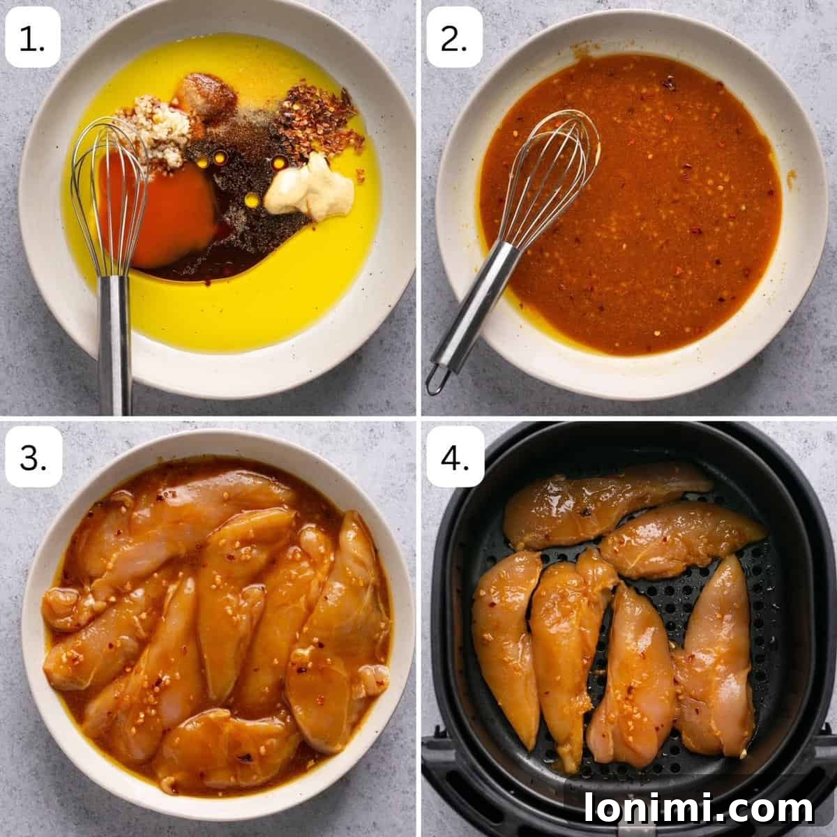 Crispy Air Fryer Naked Chicken Tenders 4 Numbered step-by-step images showing how to marinate and cook chicken tenderloins in the air fryer.