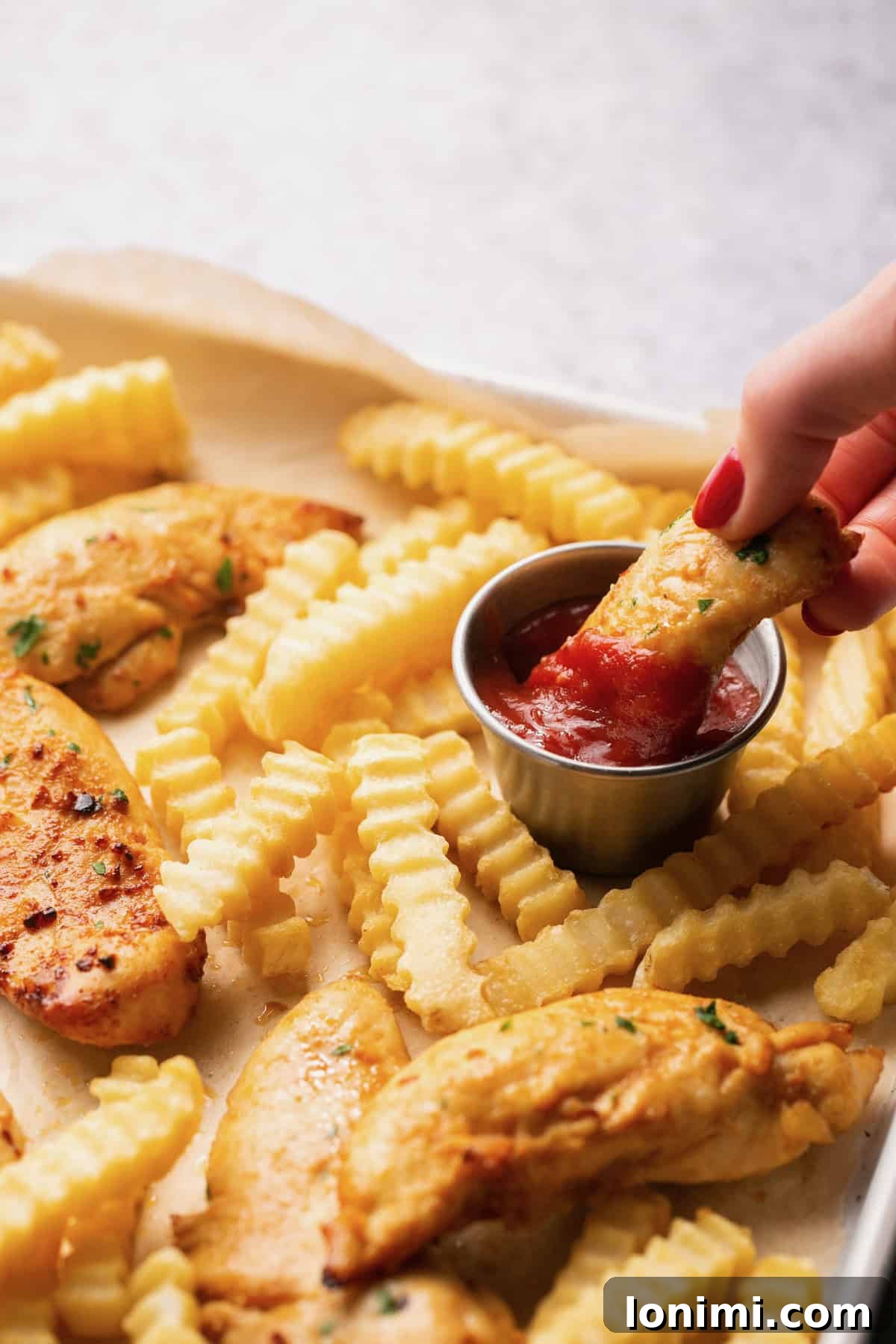 Crispy Air Fryer Naked Chicken Tenders 5 Hand dipping an air fryer chicken tenderloin into a small metal cup of ketchup.