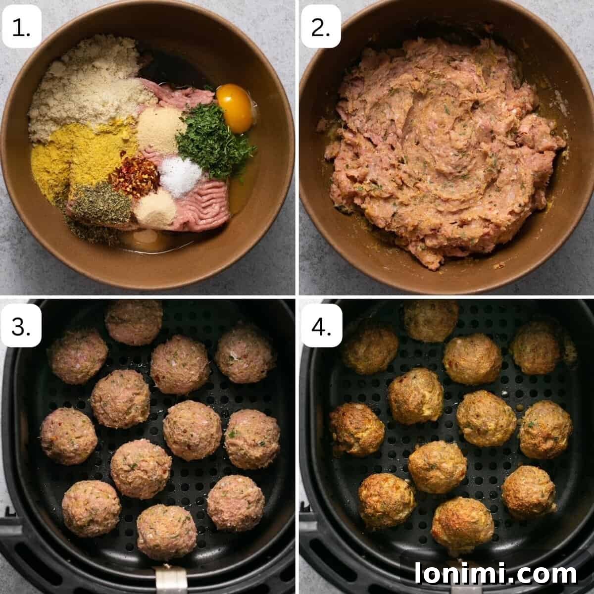 Sequential steps to prepare air fryer turkey meatballs, shown in a four-quadrant visual guide