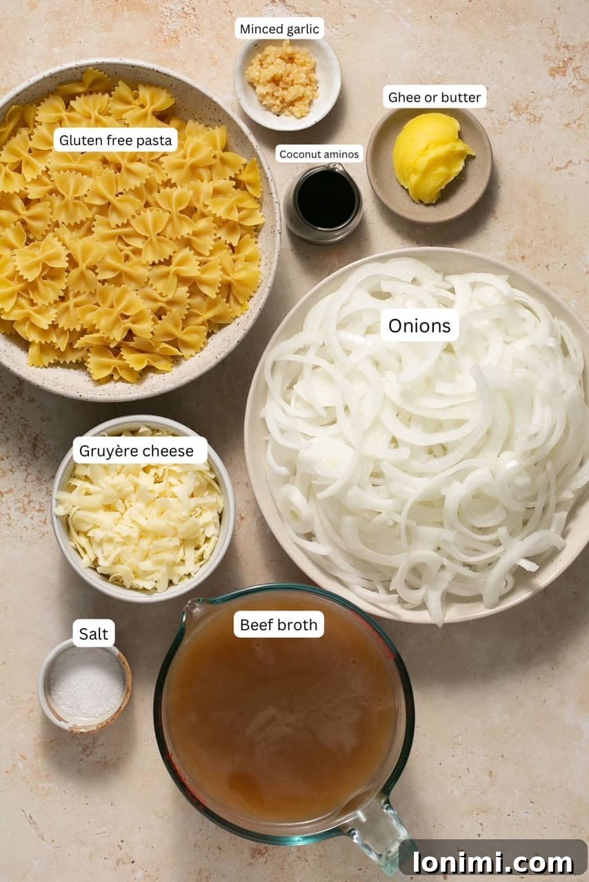 Gluten Free French Onion Pasta The TikTok Sensation 3 Various ingredients for French onion pasta laid out in small bowls, labeled for easy identification.
