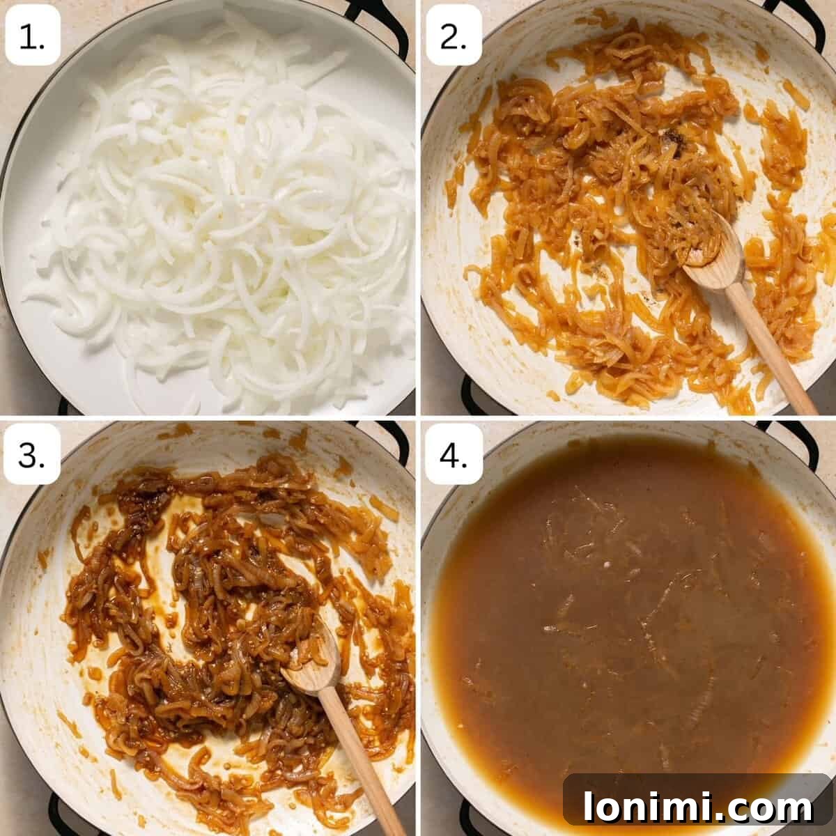 Gluten Free French Onion Pasta The TikTok Sensation 4 Numbered step-by-step photos illustrating the process of caramelizing onions, the first crucial stage of the recipe.