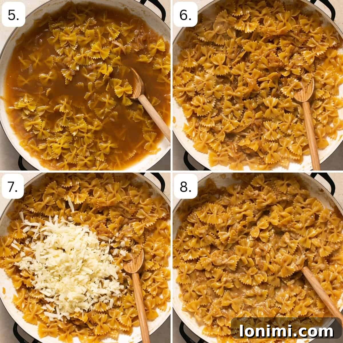 Gluten Free French Onion Pasta The TikTok Sensation 5 Numbered step-by-step photos demonstrating how to combine ingredients and cook the pasta in a single pot.