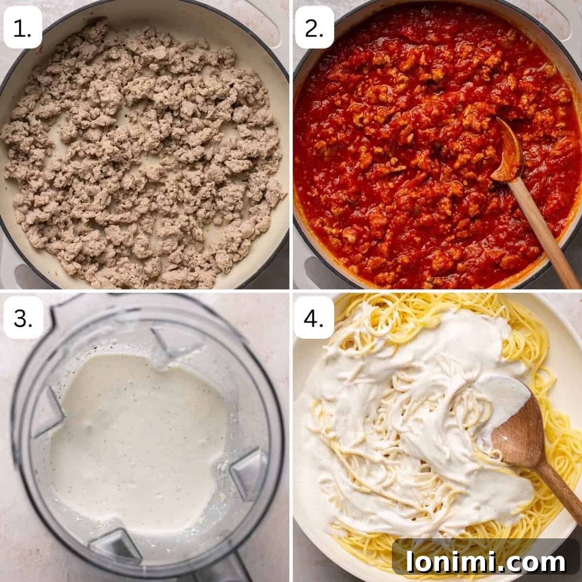 Numbered step-by-step photos illustrating the preparation of the meat sauce and the creamy alfredo sauce.
