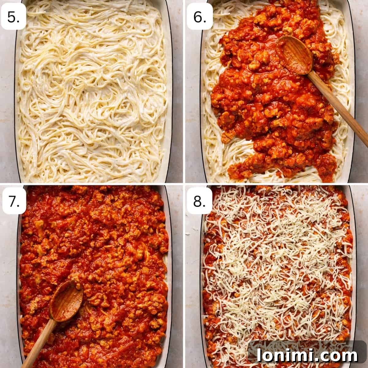 Numbered step-by-step photos demonstrating how to assemble the gluten-free spaghetti alfredo casserole in a baking dish.