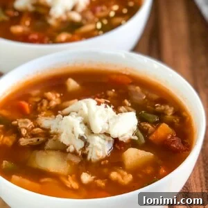 Prepared Whole30 Maryland Crab Soup in a bowl, ready to serve.