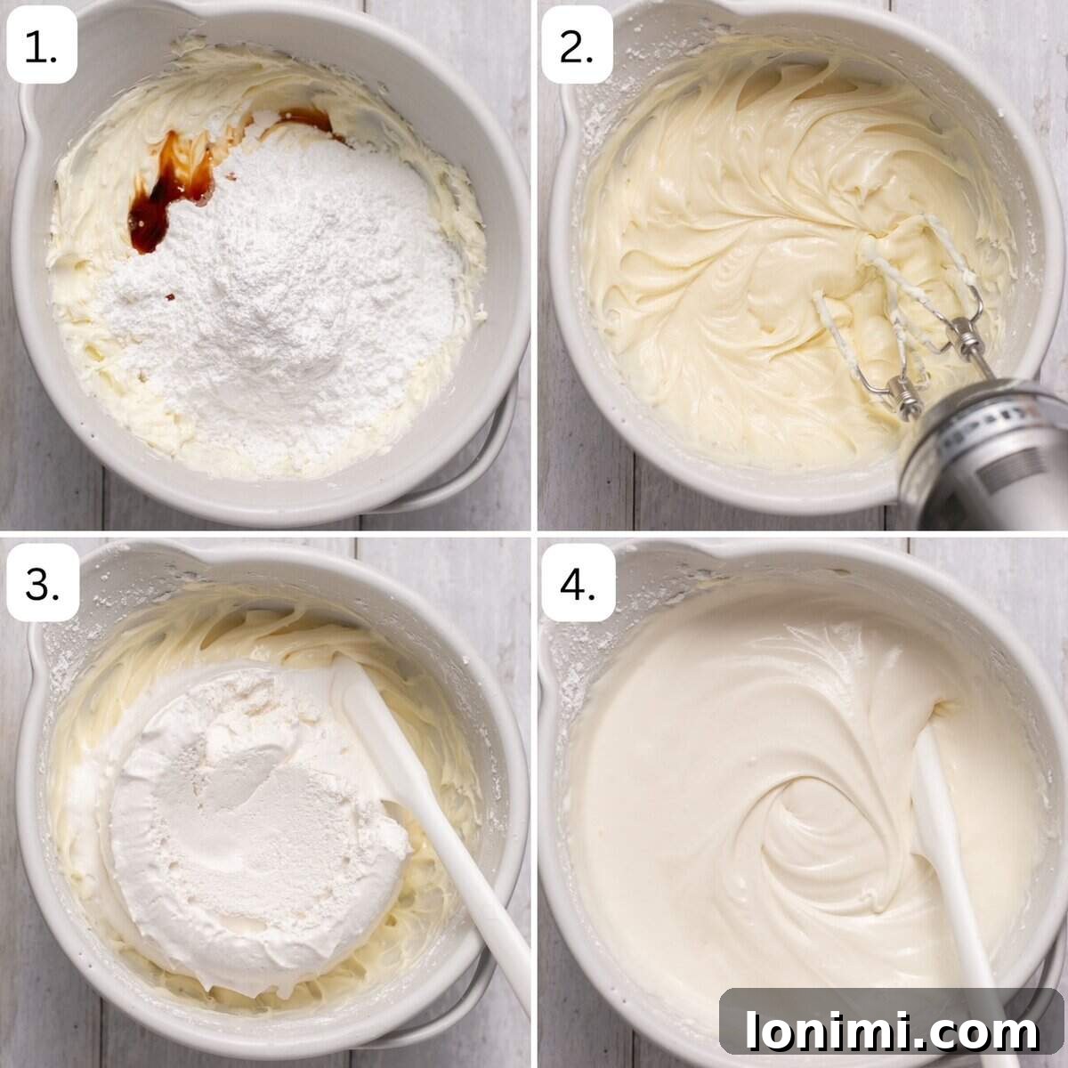 Heavenly Gluten-Free Strawberry Angel Food Trifle 4 A step-by-step image illustrating the process of mixing dairy-free cream cheese, powdered sugar, and vanilla extract until fluffy and smooth for a berry trifle.
