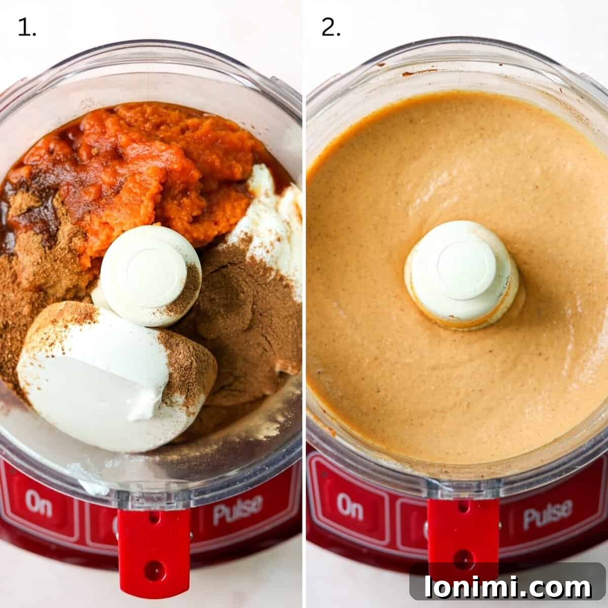 A visual guide showing the simple steps to make pumpkin cream cheese dip, from combining ingredients in a food processor to blending until smooth and creamy.