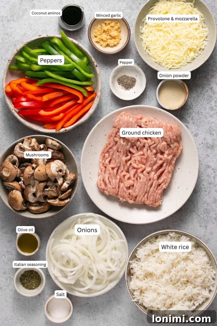 ingredients for making chicken philly cheesesteak meal prep containers