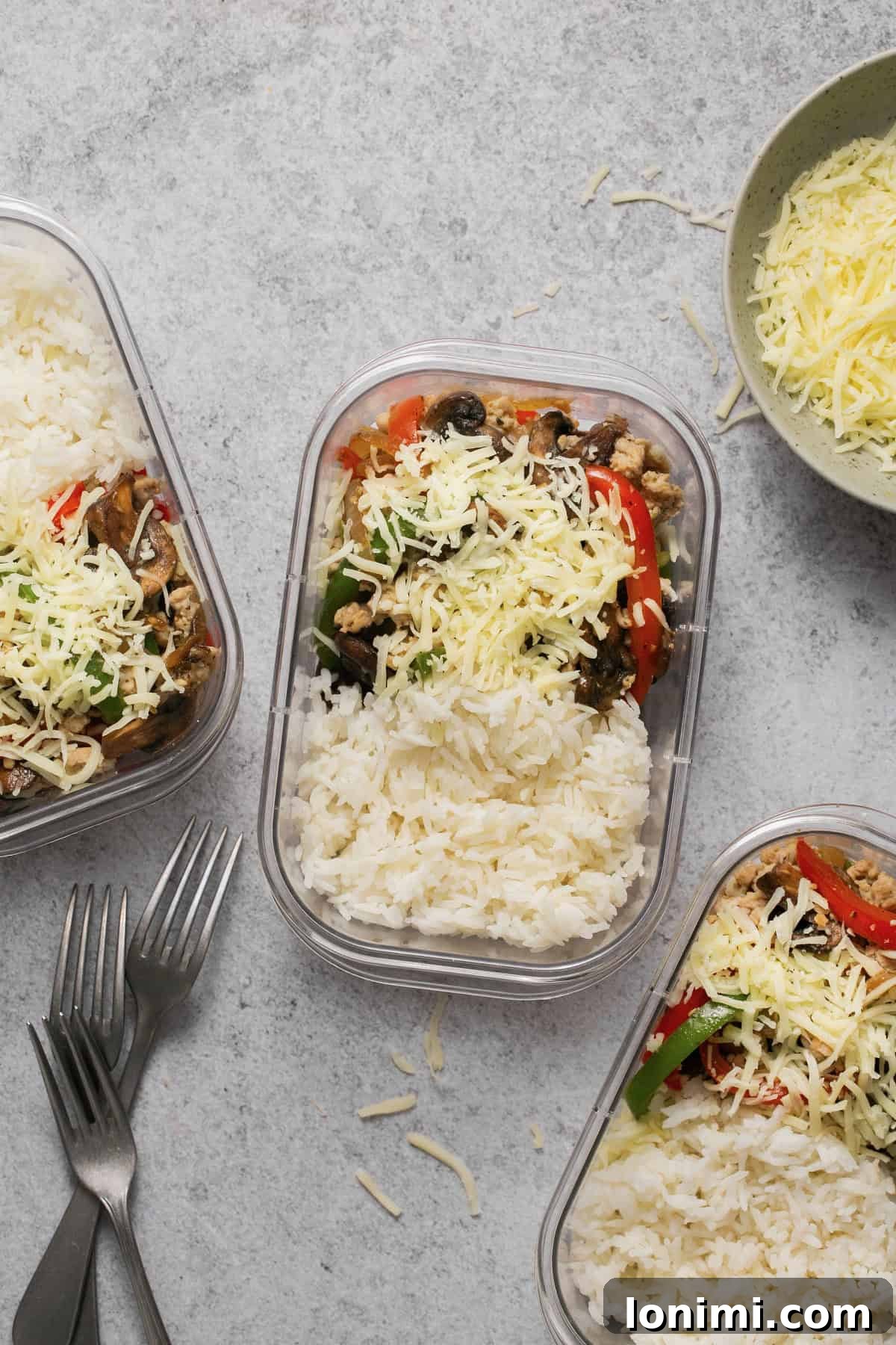 chicken philly cheesesteak meal prep bowls