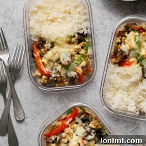 chicken philly cheesesteak meal prep bowls in glass containers