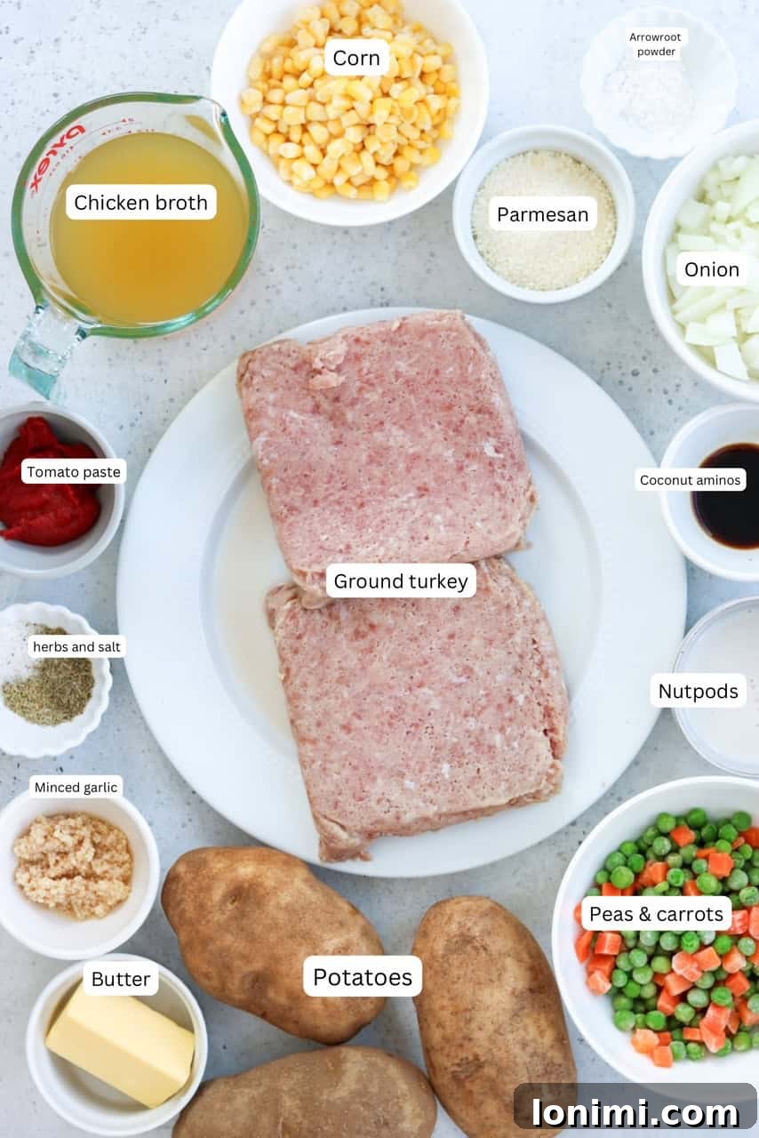ingredients for making turkey shepherd's pie laid out in nesting bowls