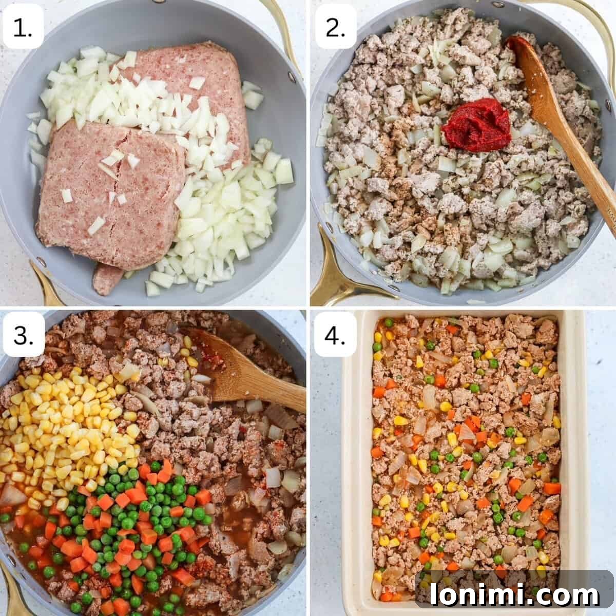 steps for making turkey shepherd's pie in four quadrants