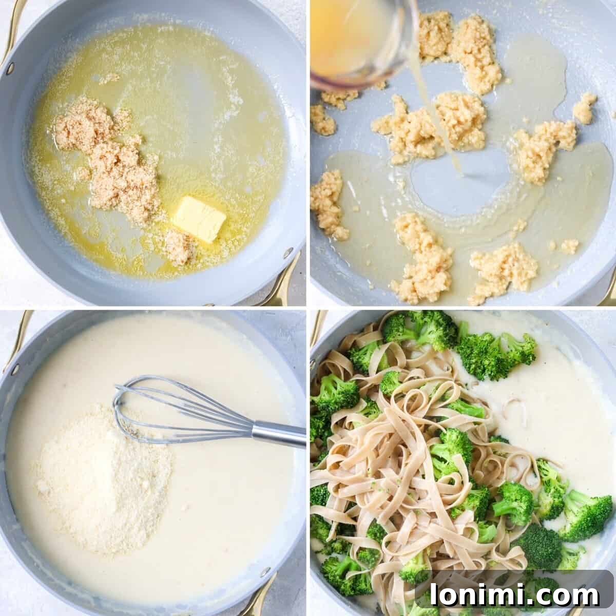 Steps for making alfredo sauce without cream with gluten free pasta and broccoli