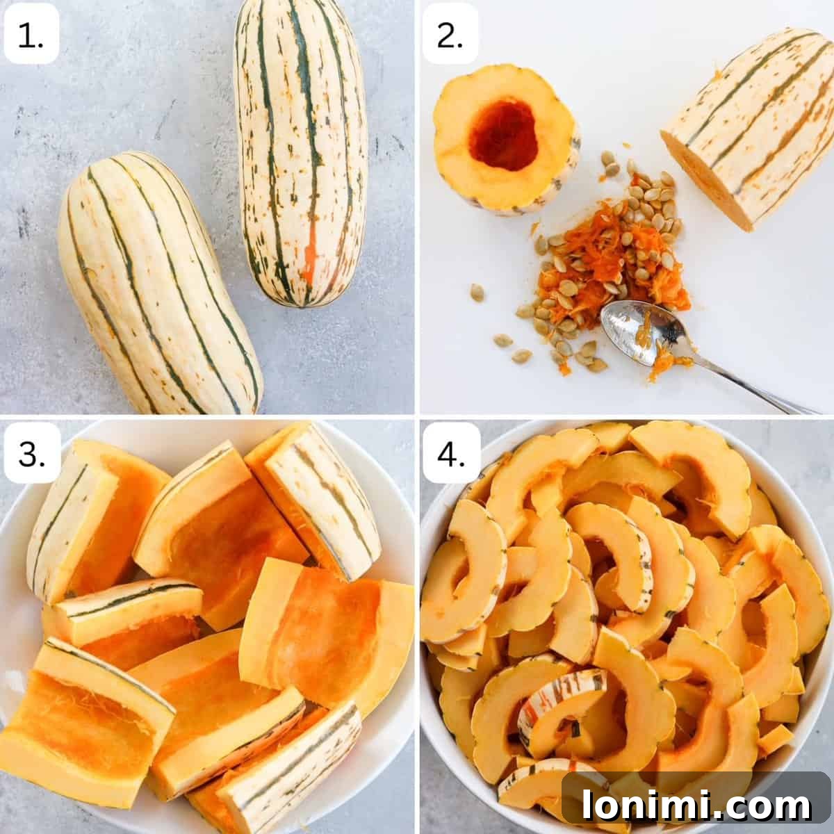 A series of four sequential images demonstrating the correct method for cutting delicata squash: washing, halving and seeding, trimming ends, and slicing into crescent moons.