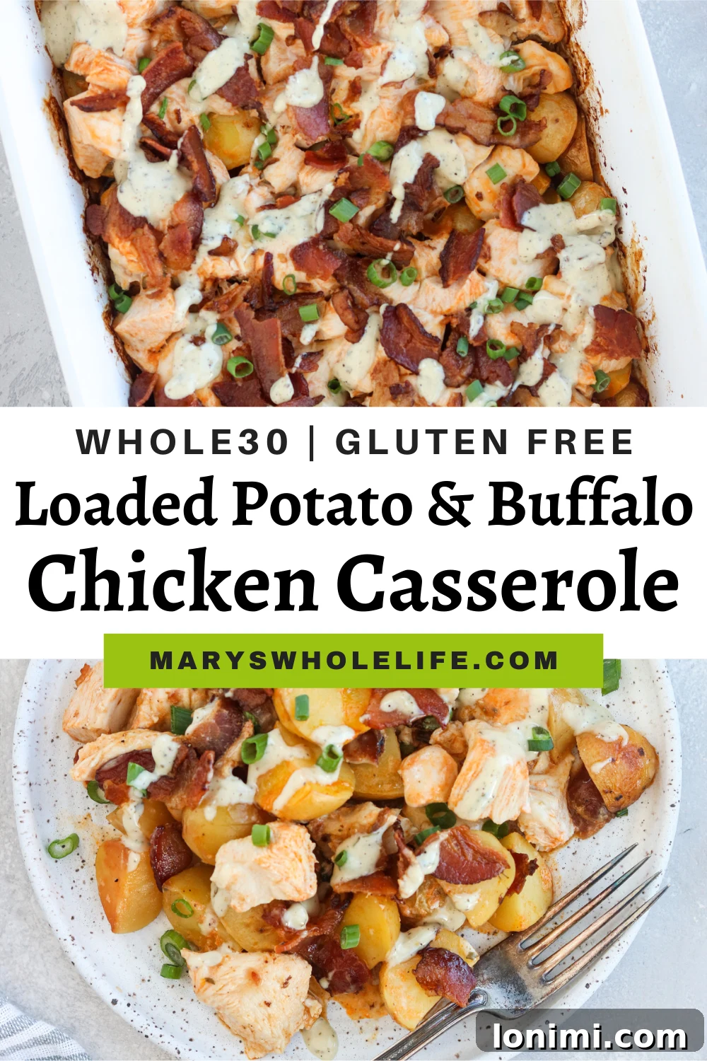 A delicious and healthy Whole30 Loaded Potato and Buffalo Chicken Casserole served in a bowl