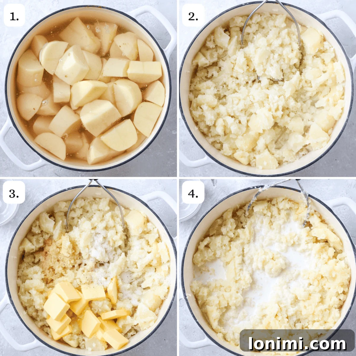 Ultimate Mashed Potato Bowls 4 steps for making mashed potatoes in 4 quadrants