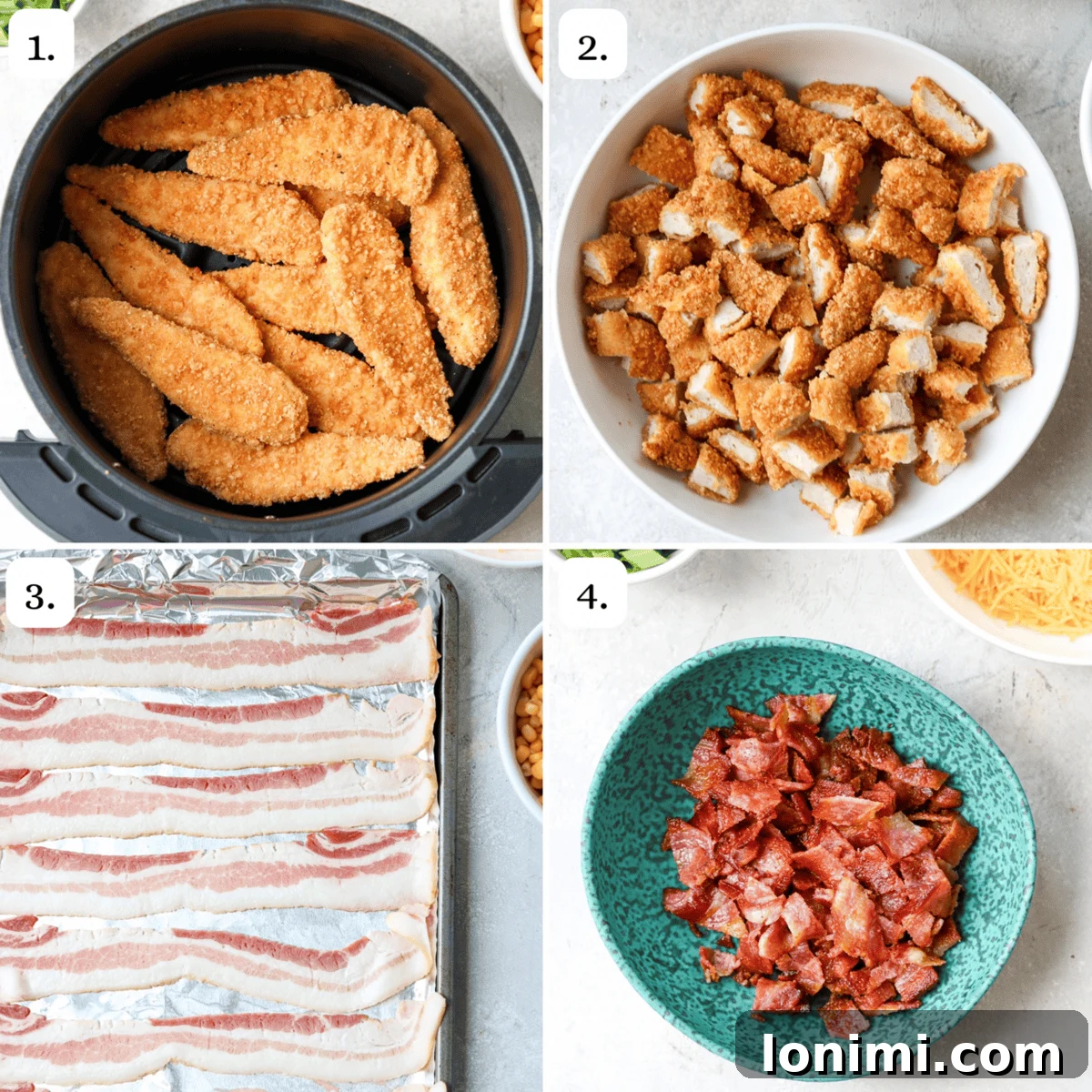 Ultimate Mashed Potato Bowls 5 steps for making frozen chicken tenders in the air fryer and baked bacon for potato bowls