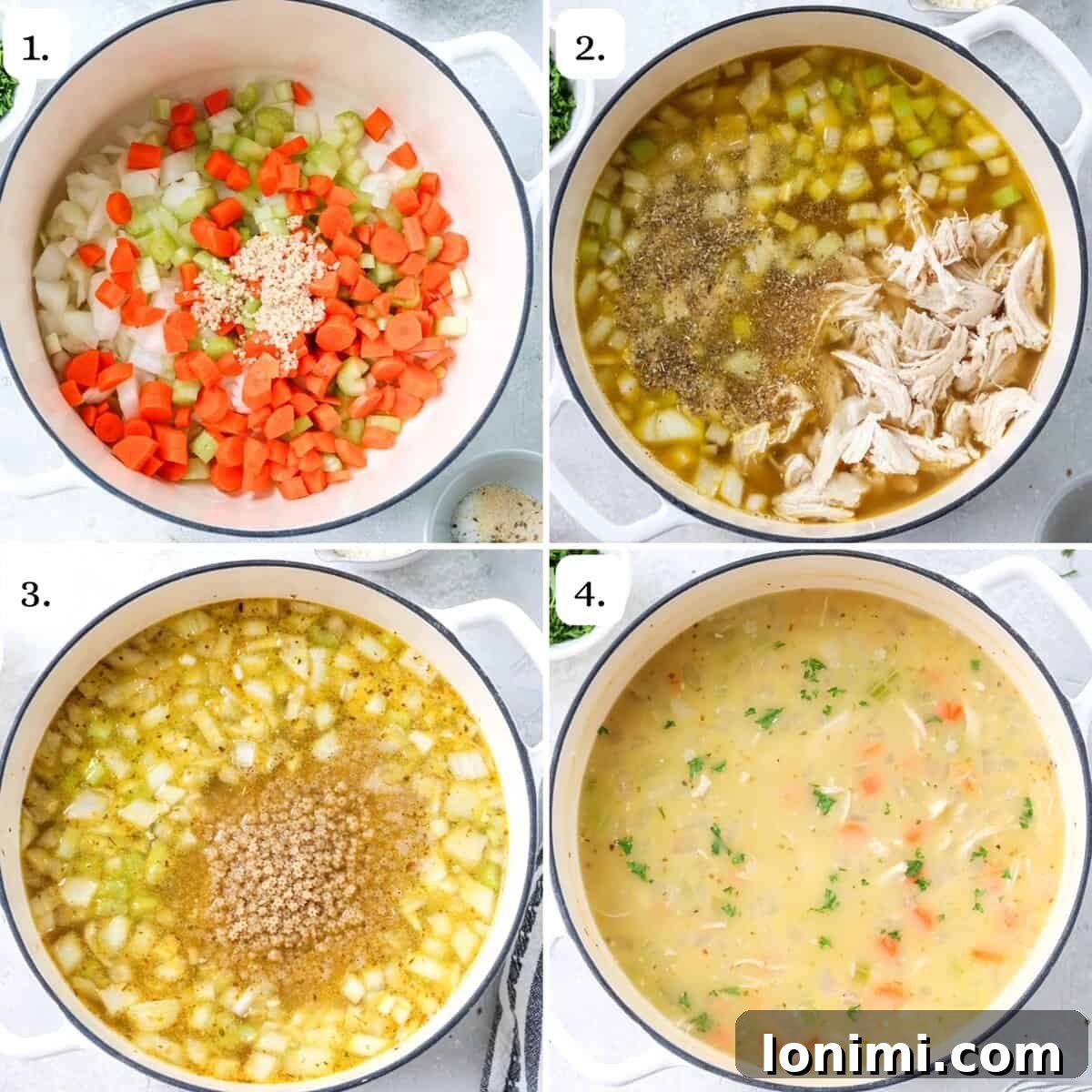 Comforting Gluten-Free Chicken Pastina Soup 4 steps for making gluten free chicken noodle soup with pastina in 4 quadrants