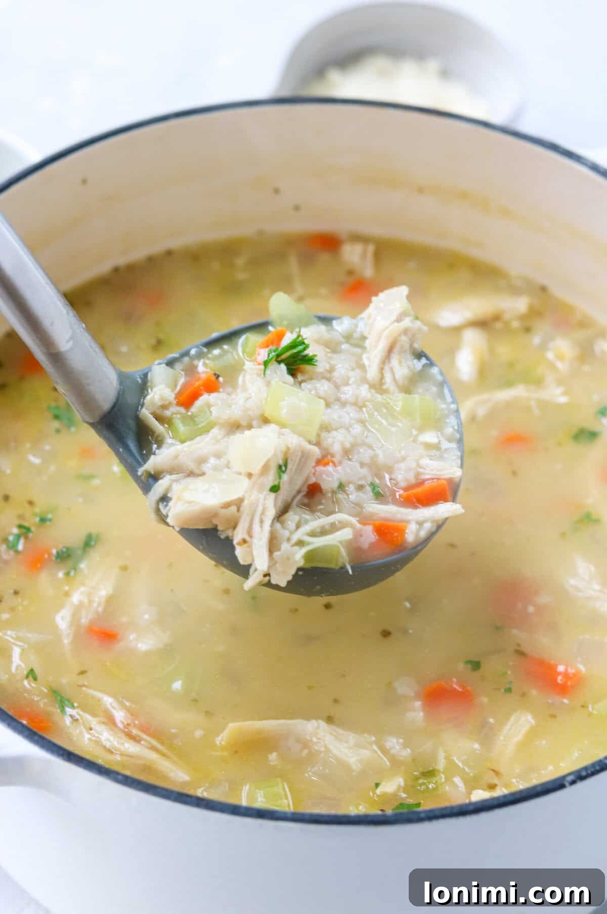 Comforting Gluten-Free Chicken Pastina Soup 5 a ladel scooping out some gluten free chicken noodle soup made with pastina