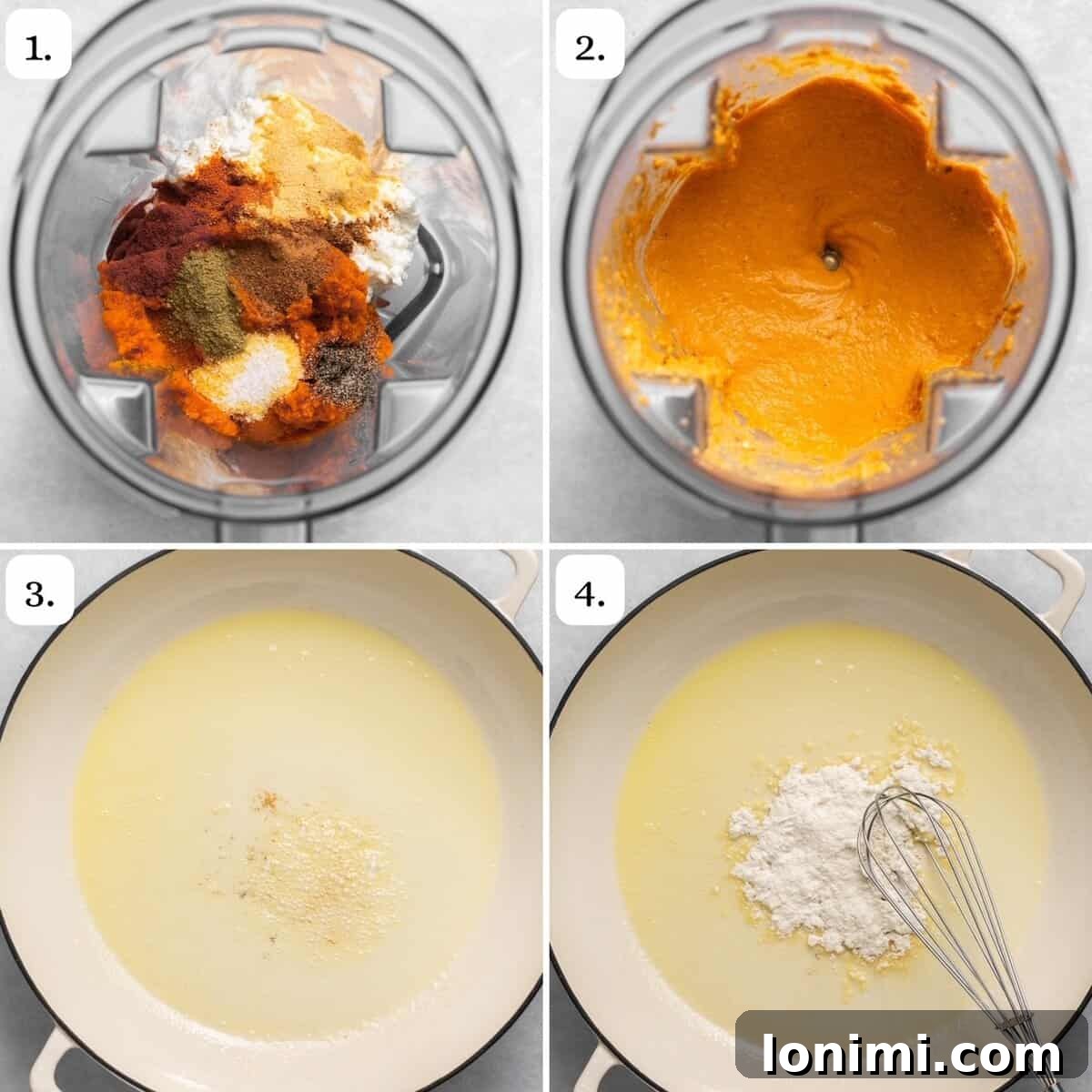 Velvety Pumpkin Pasta 4 A four-quadrant image showing the initial steps of making pumpkin pasta sauce: cooking pasta, blending ingredients, heating butter and garlic, and adding flour to make a roux.