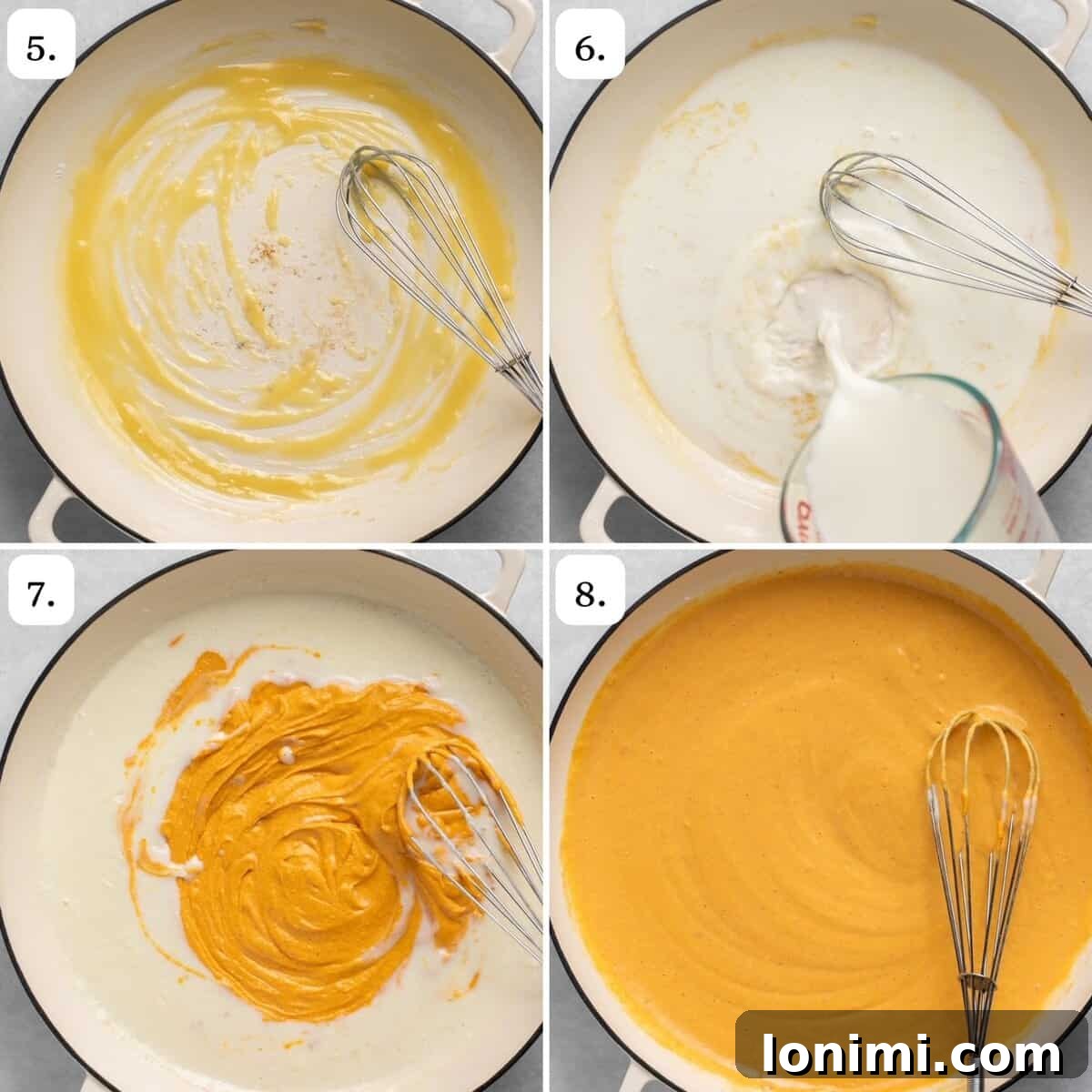 Velvety Pumpkin Pasta 5 A four-quadrant image illustrating the final steps of preparing pumpkin pasta sauce: whisking in milk, adding pumpkin mixture, tossing pasta, and garnishing with parmesan and sage.