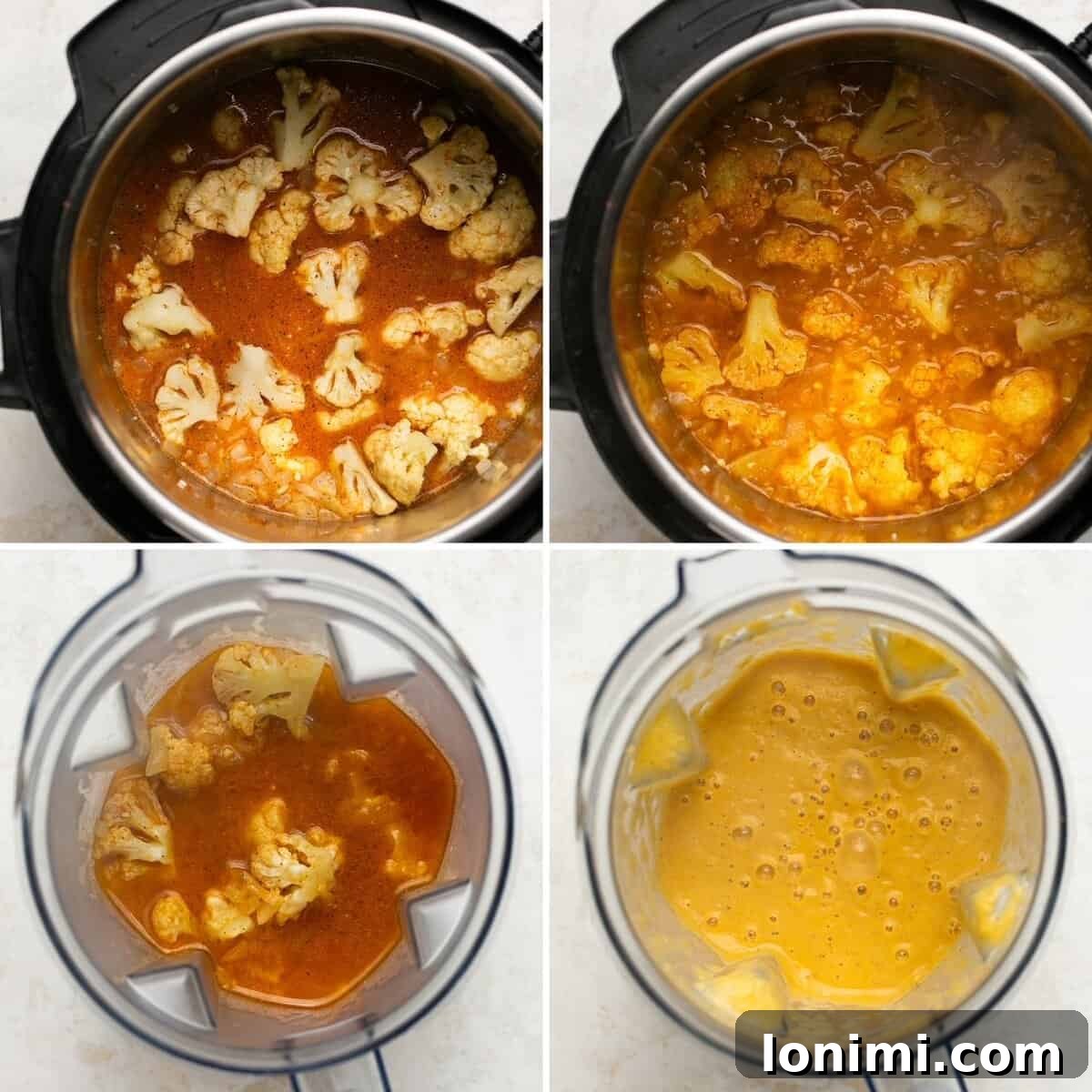 steps 5-8 for making broccoli cheddar soup in the instant pot