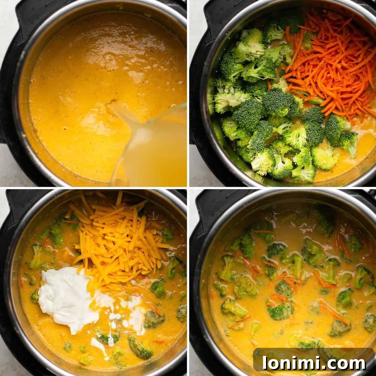 the last 4 steps for making Instant Pot Broccoli Cheddar Soup