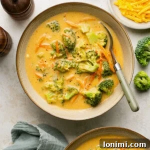 Broccoli Cheddar Soup in the Instant Pot, served in bowls with a spoon and extra cheese