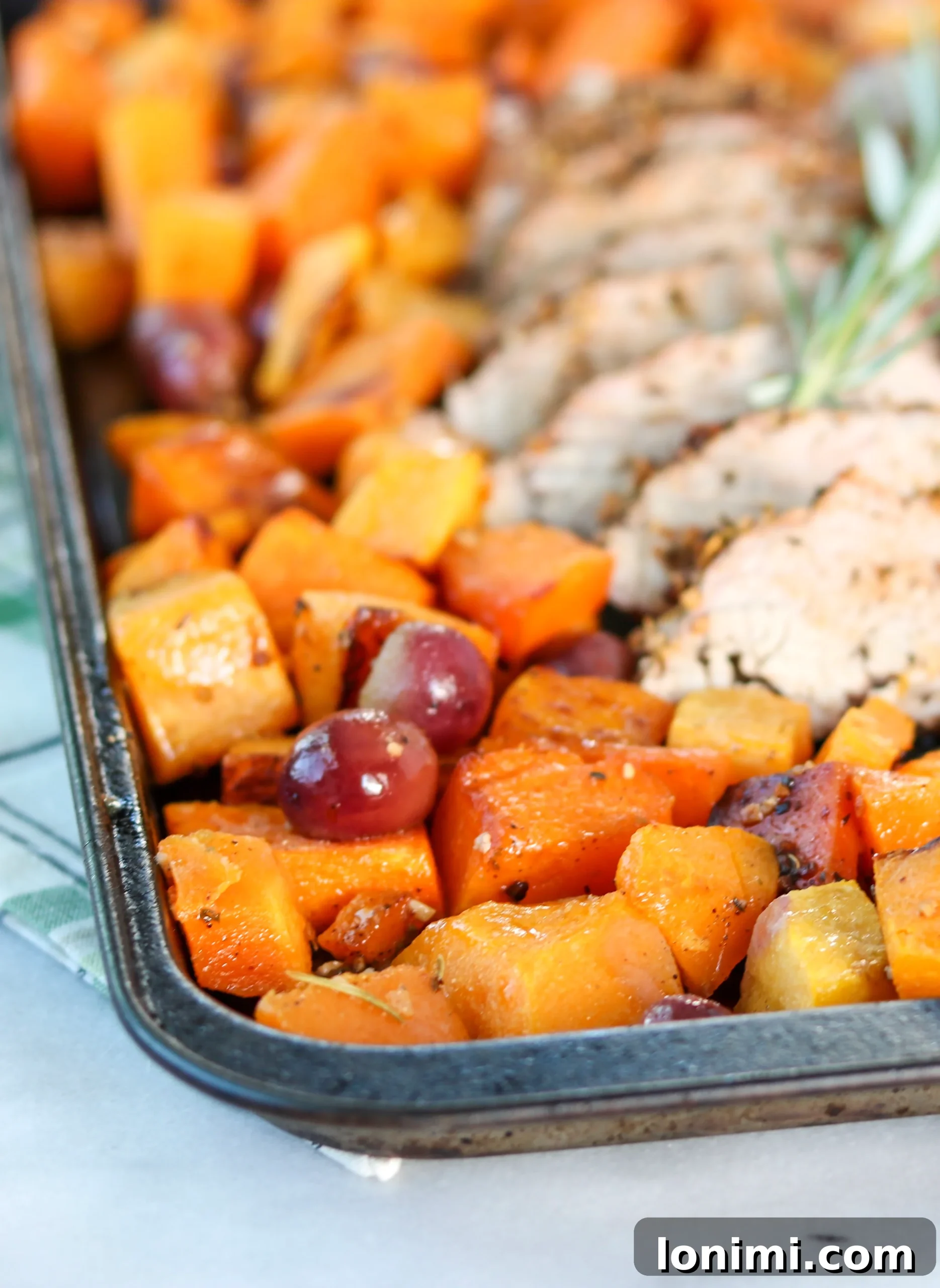 A vibrant collection of ingredients including pork tenderloin, butternut squash, and grapes, seasoned and ready for the oven.