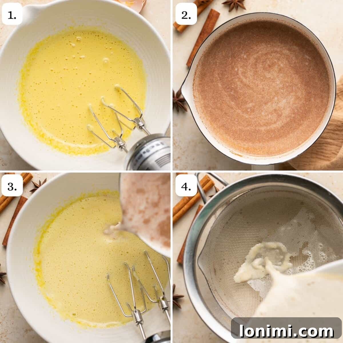 Four sequential images showing the initial steps of making dairy-free eggnog on a stove, from mixing to simmering.