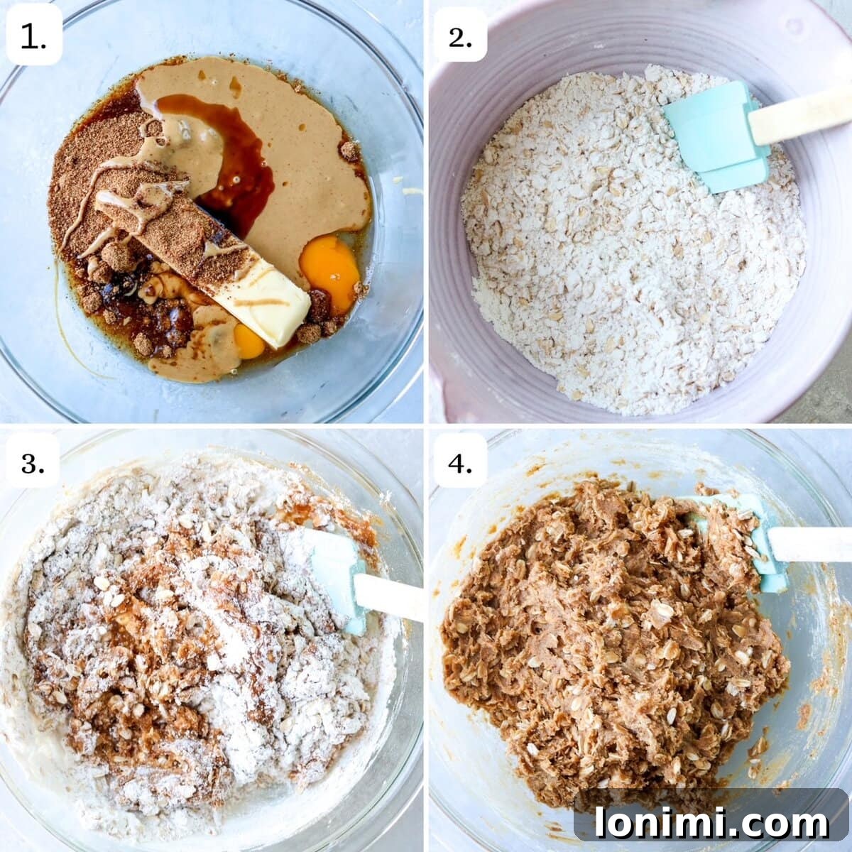 The initial steps for making gluten free monster cookies, showing ingredients being mixed in a bowl and dry ingredients prepared separately, highlighting the ease of the process.