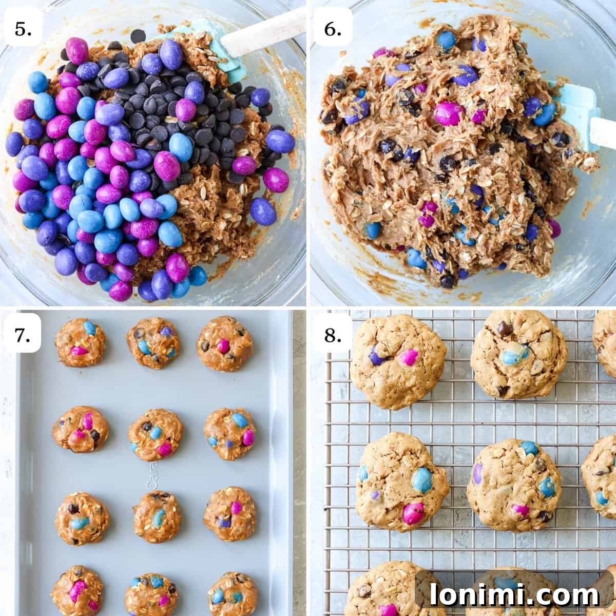 The final four steps in making gluten free monster cookies, including mixing in candies and chocolate chips, scooping dough onto a baking sheet, baking until golden, and cooling, illustrating a smooth baking flow.
