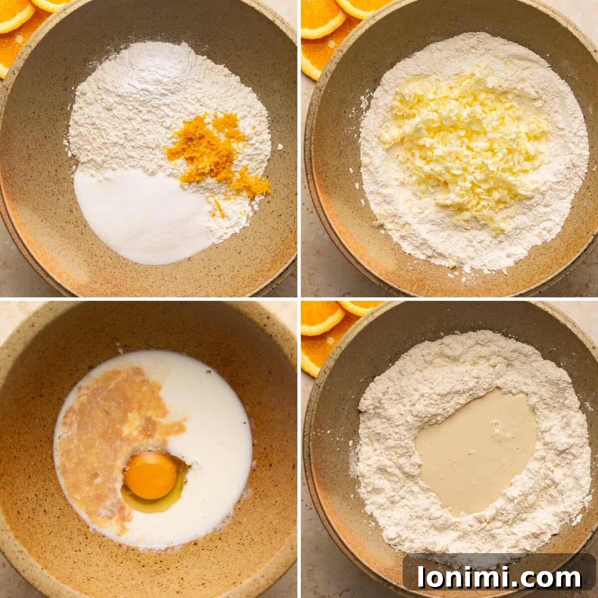 The first four steps for making gluten-free scones: dry ingredients, grating butter, wet ingredients, and combining.