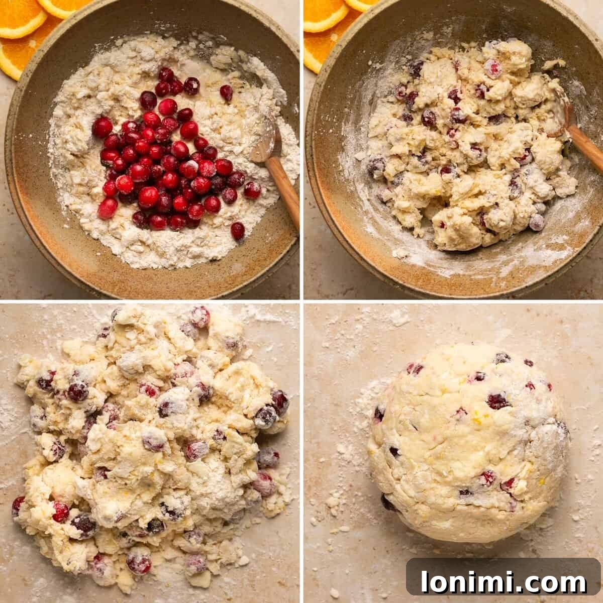 Steps 5-8 for making cranberry orange gluten-free scones, including mixing in cranberries and shaping the dough.