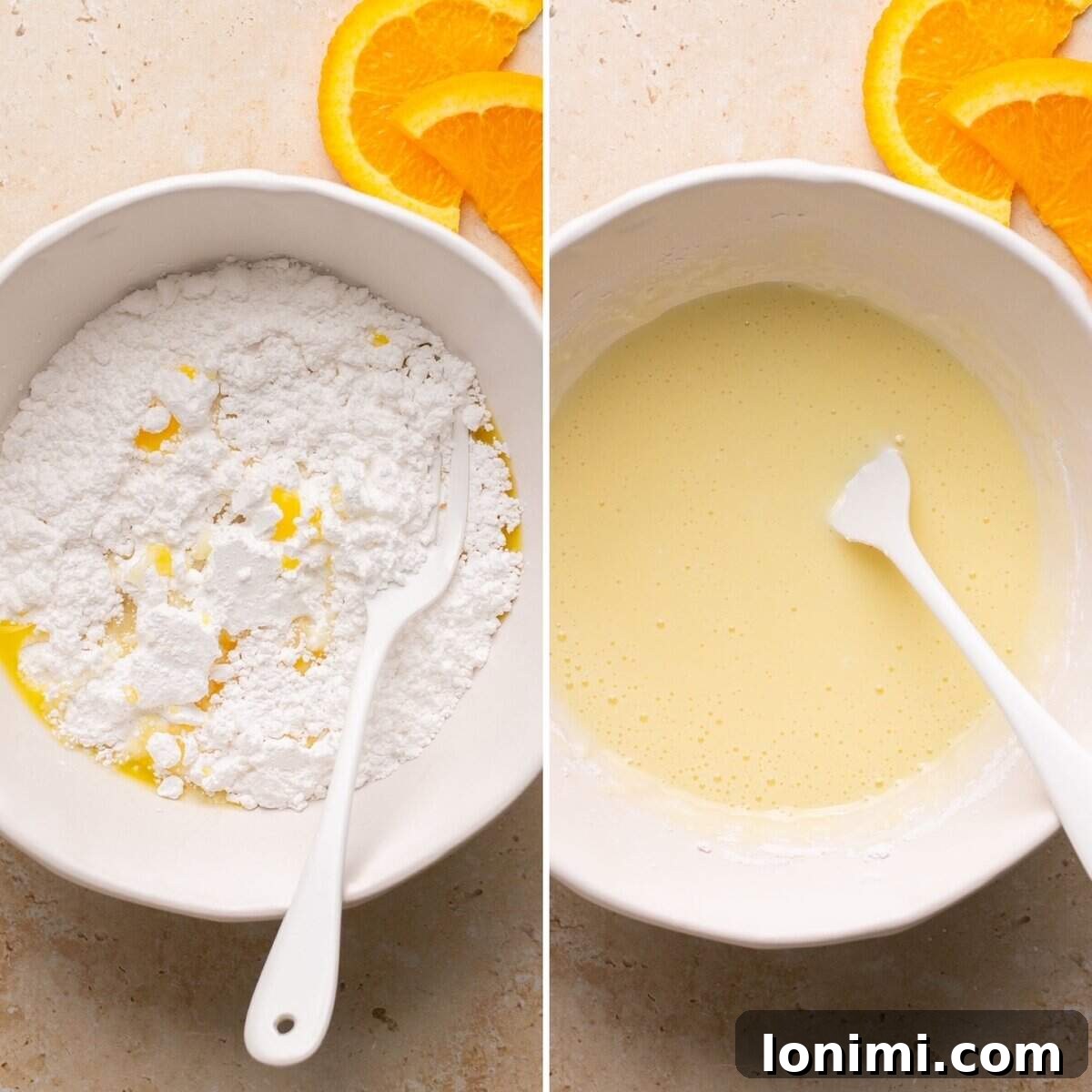 Two images side by side, showing the process of making the orange glaze for the scones.