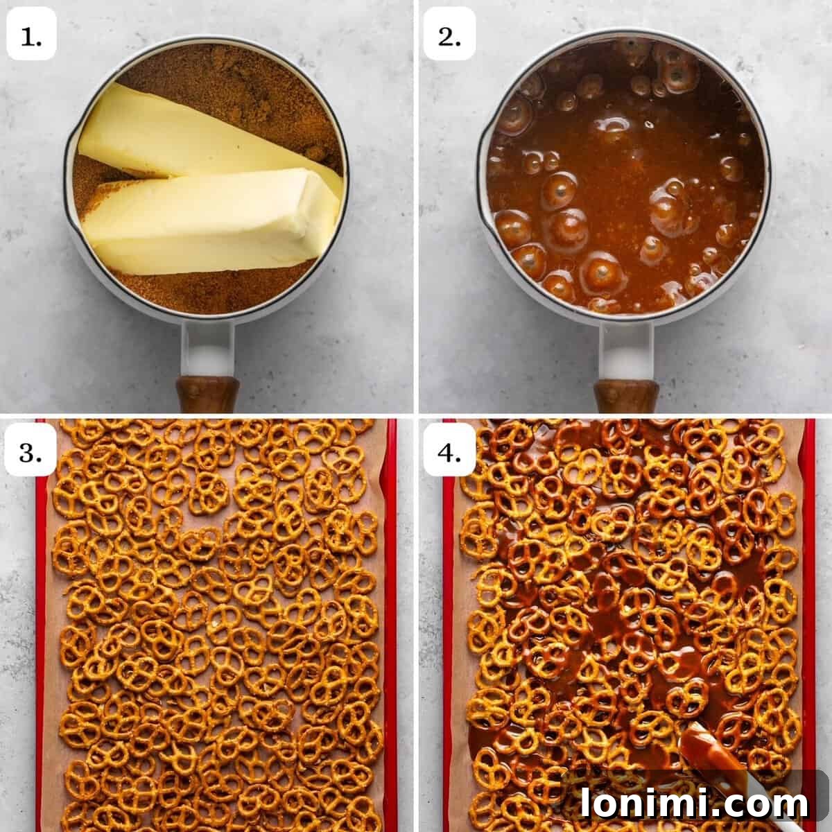Addictive Gluten-Free Holiday Pretzel Bark 4 A visual guide showing the initial four steps for making pretzel Christmas crack, from lining the baking sheet to spreading the caramel over the pretzels.