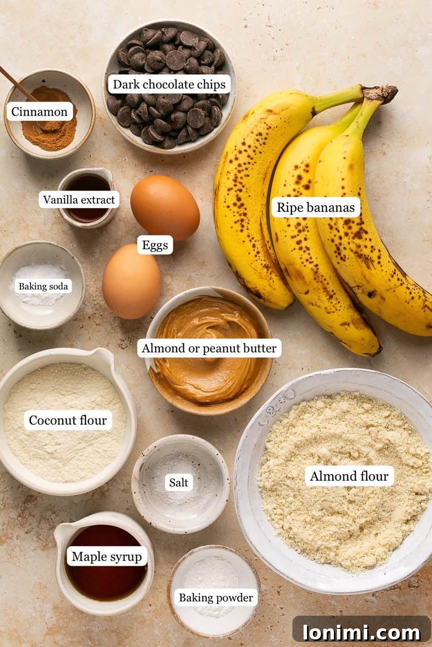 ingredients for gluten free banana bread muffins in nesting bowls, neatly arranged and ready for baking