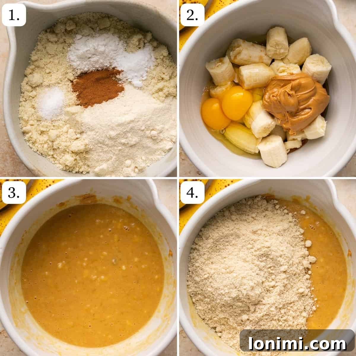 the first four steps for making banana bread muffins, demonstrating the mixing of wet and dry ingredients
