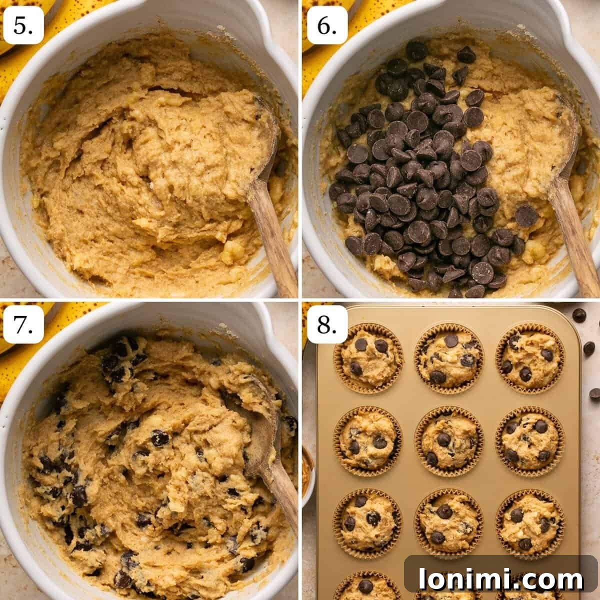 Steps 5 through 8 for making banana bread muffins with chocolate chips, illustrating the final mixing and scooping into the muffin pan