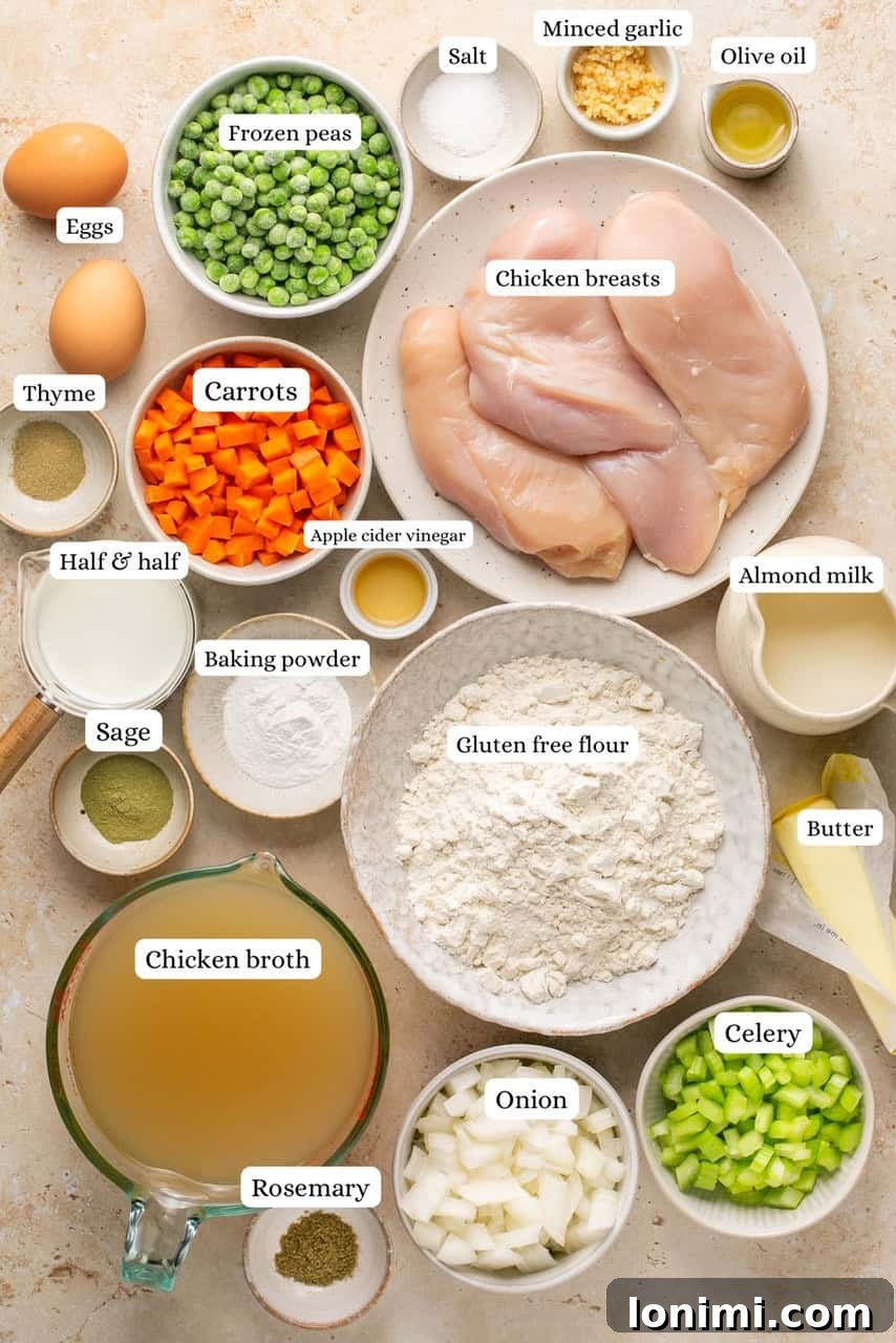 Effortless Gluten Free Chicken and Dumplings 3 A flat lay photograph showcasing all the fresh ingredients needed for gluten-free chicken and dumplings.