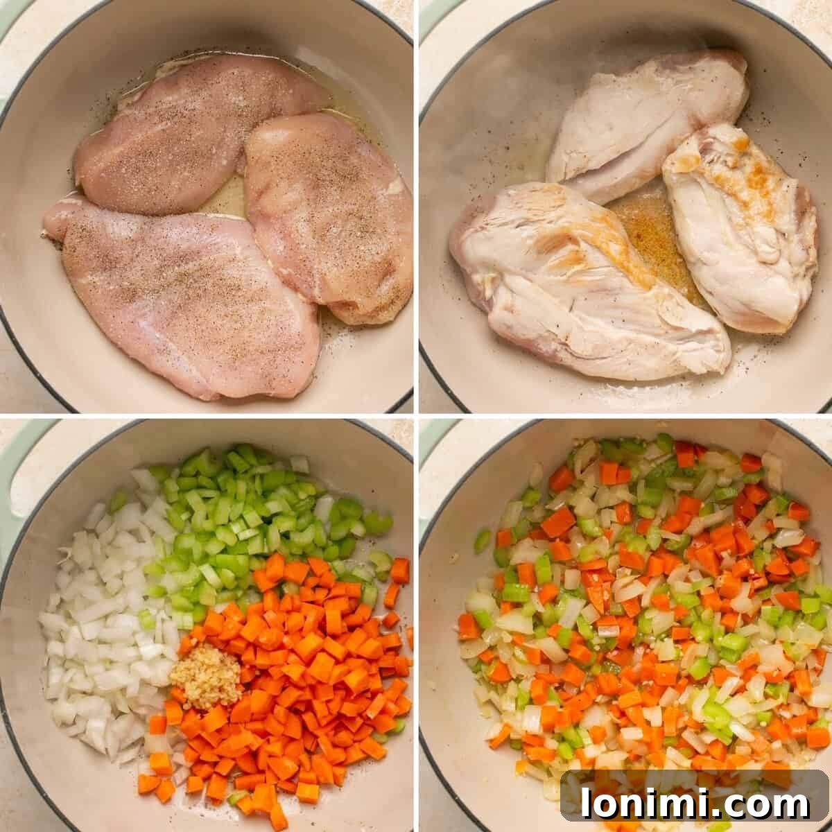 Effortless Gluten Free Chicken and Dumplings 4 The initial four steps of preparing gluten-free chicken and dumplings, showing searing chicken and sautéing vegetables.