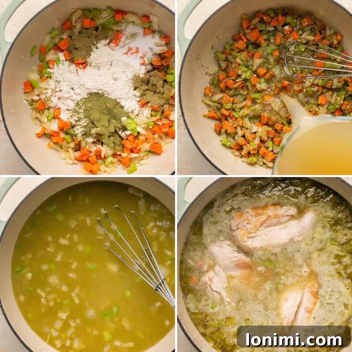 Effortless Gluten Free Chicken and Dumplings 5 Steps 5-8 demonstrating how to add seasonings, flour, broth, and chicken back to the pot.