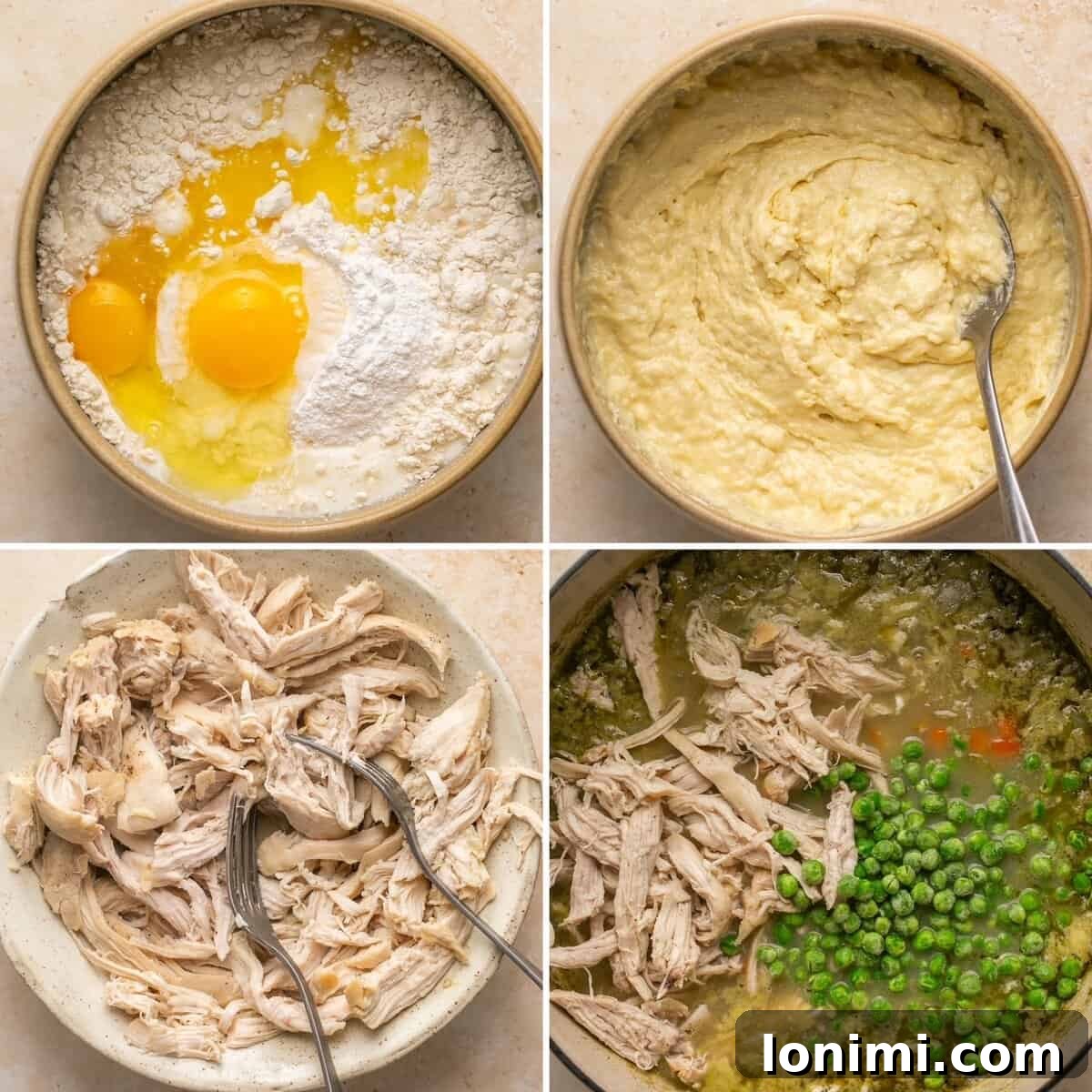 Effortless Gluten Free Chicken and Dumplings 6 Steps 9-12 for preparing gluten-free dumplings and adding shredded chicken and peas to the soup.