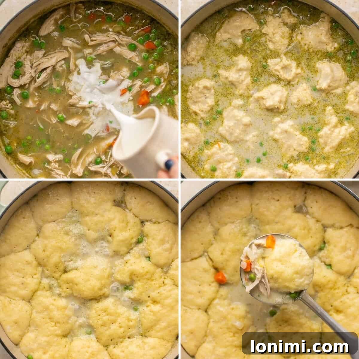 Effortless Gluten Free Chicken and Dumplings 7 The final four steps for completing gluten-free chicken and dumplings, including adding half & half, dumplings, and simmering.