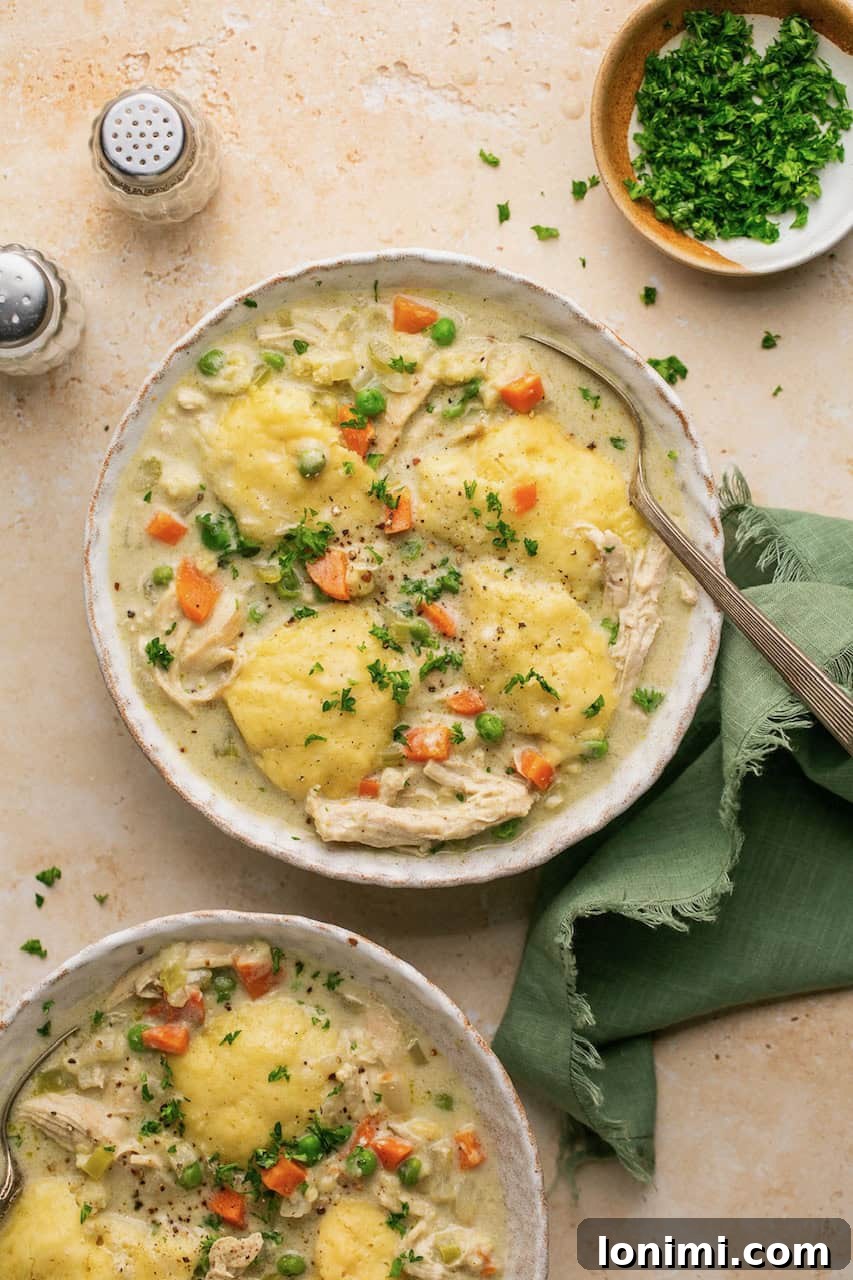 Effortless Gluten Free Chicken and Dumplings 8 Two steaming bowls of gluten-free chicken and dumplings, garnished with fresh herbs and a green napkin beside.
