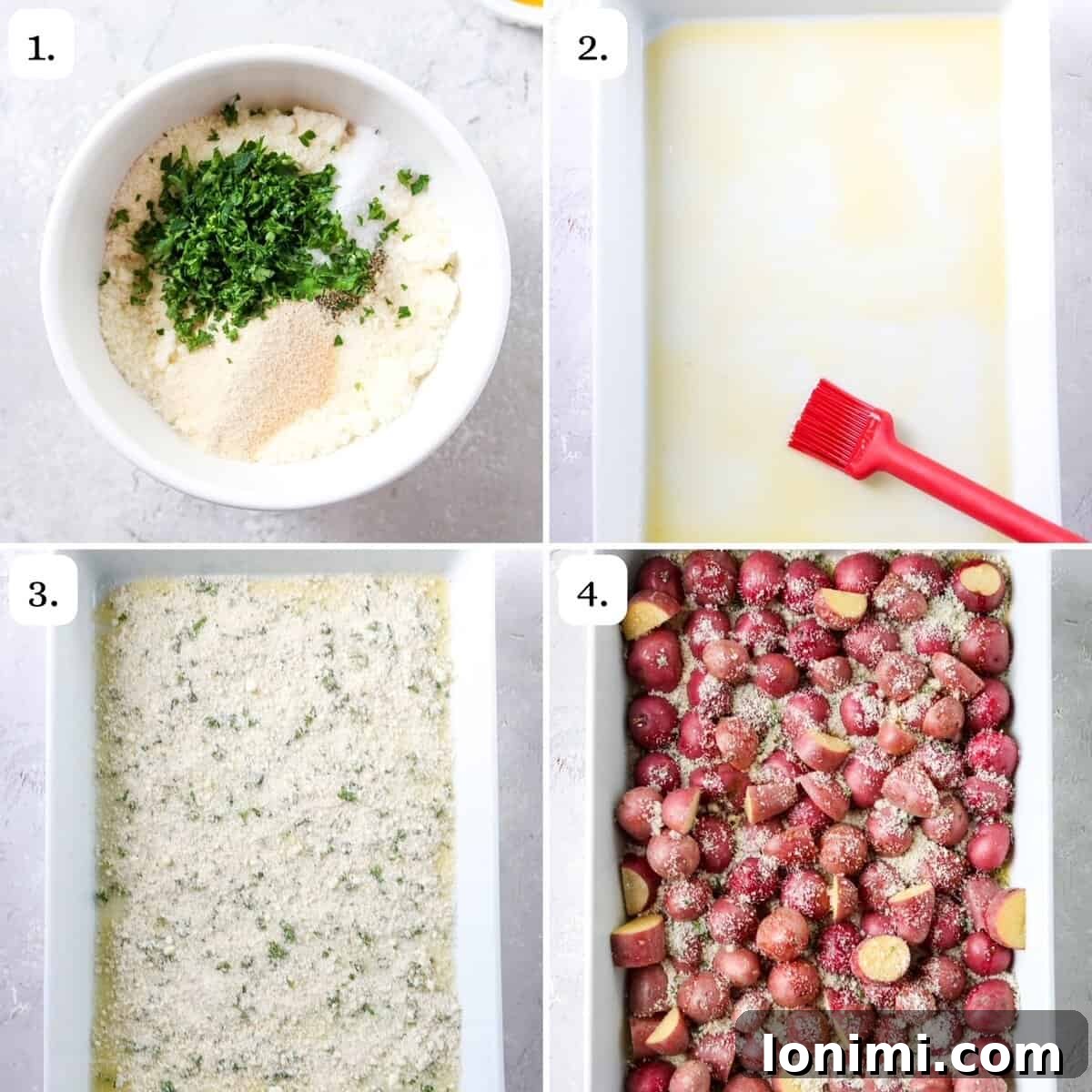 Three sequential images demonstrating the steps to make crispy parmesan potatoes: first, potatoes are tossed with oil and spices; second, the seasoned potatoes are placed cut-side down on a bed of parmesan in a baking dish; third, the baked, golden-brown crispy parmesan potatoes are shown in the dish.