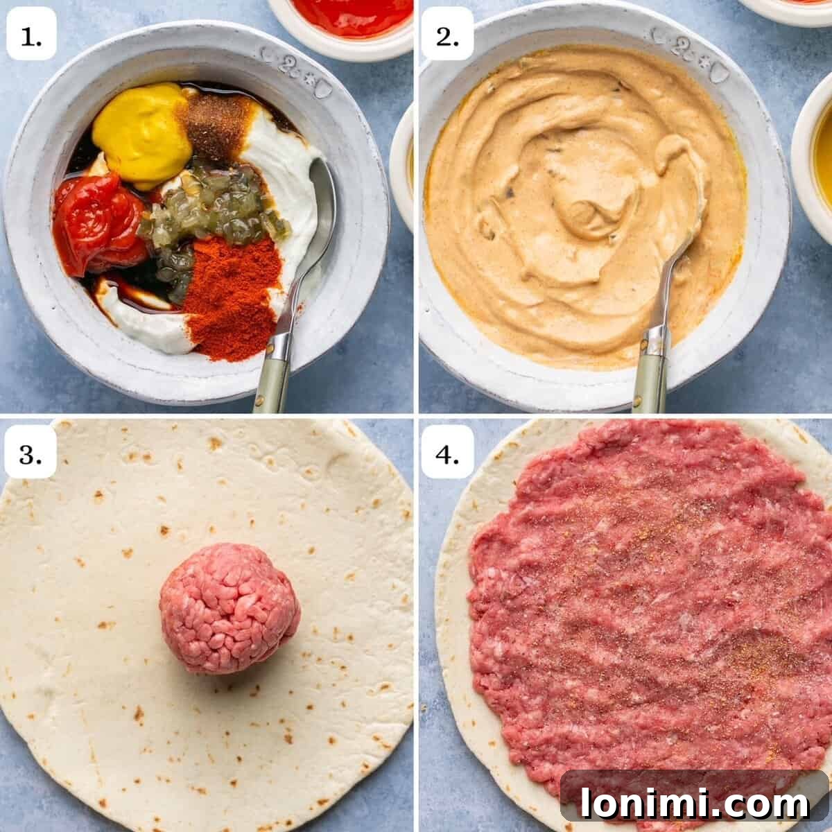 Photo collage of steps 1-4 showing how to make Smash Burger tacos and Big Mac sauce.
