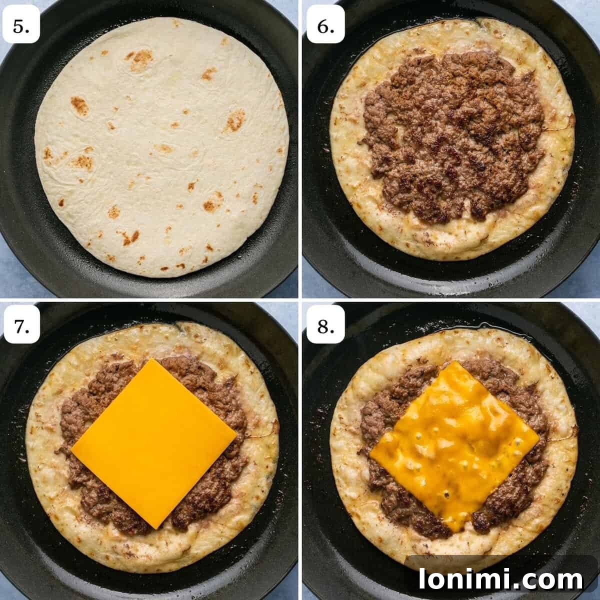 Photo collage of steps 5-8 showing how to cook big mac tacos in a skillet.
